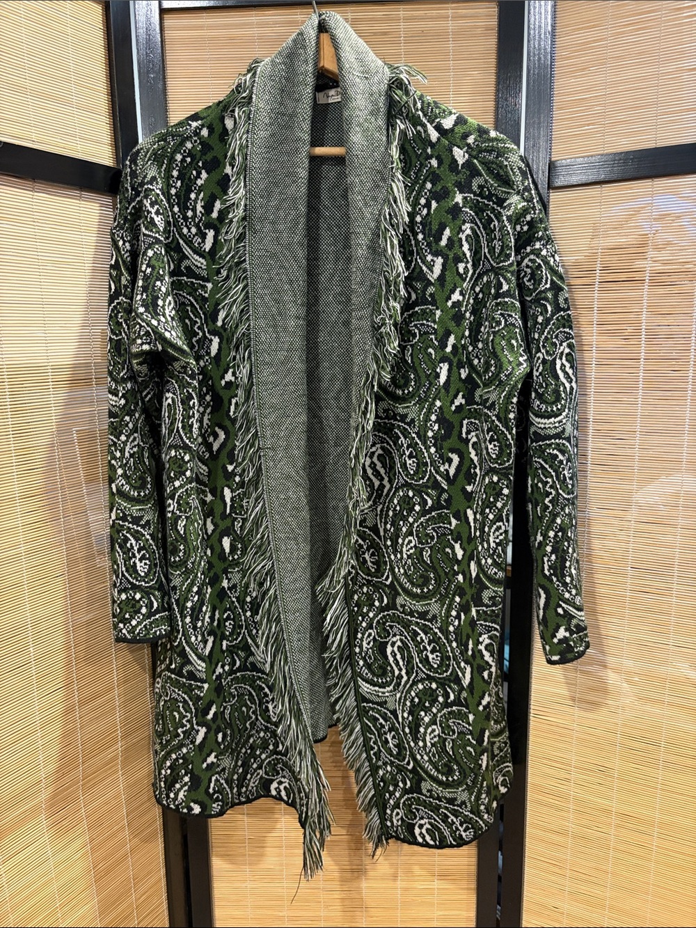 Green Paisley Open-Front Fringe Cardigan Sweater